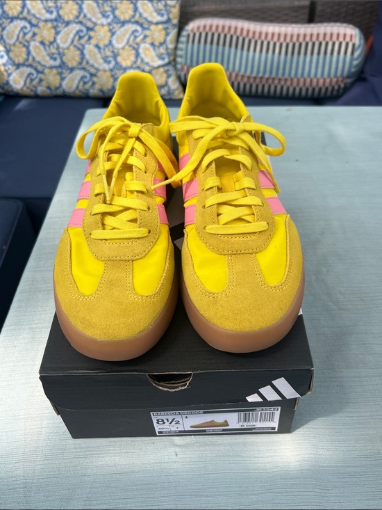 adidas Shoes - Adidas Yellow Sneakers with Pink Stripes and Gum Sole